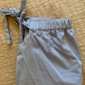 Blue striped off the shoulder top with bow